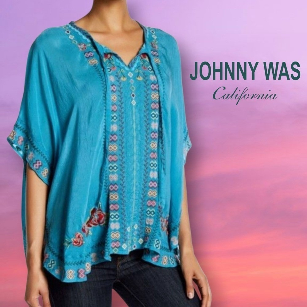 Johnny Was Poncho Blouse Womens Embroidered Floral V-Neck Turquoise Blue S FLAWS